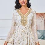 Long Gold-Tinted Chiffon Dress with Belt