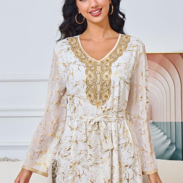 Long Gold-Tinted Chiffon Dress with Belt