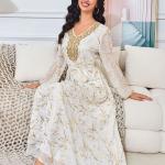 Long Gold-Tinted Chiffon Dress with Belt