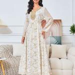 Long Gold-Tinted Chiffon Dress with Belt