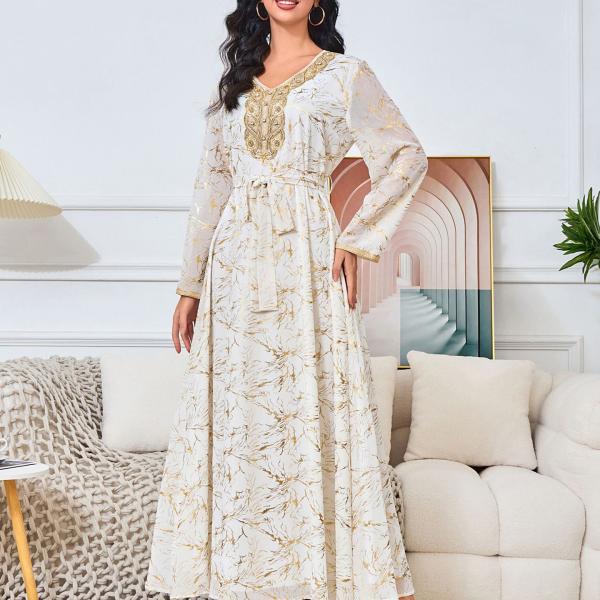 Long Gold-Tinted Chiffon Dress with Belt