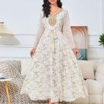 Long Gold-Tinted Chiffon Dress with Belt