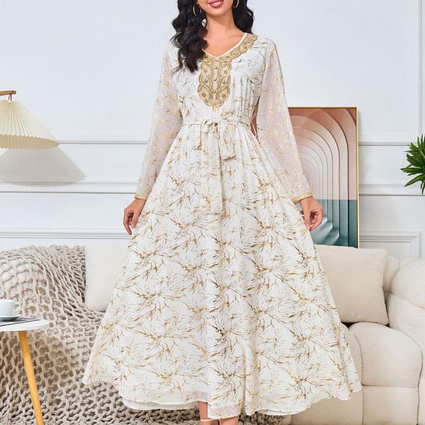 Long Gold-Tinted Chiffon Dress with Belt