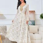 Long Gold-Tinted Chiffon Dress with Belt