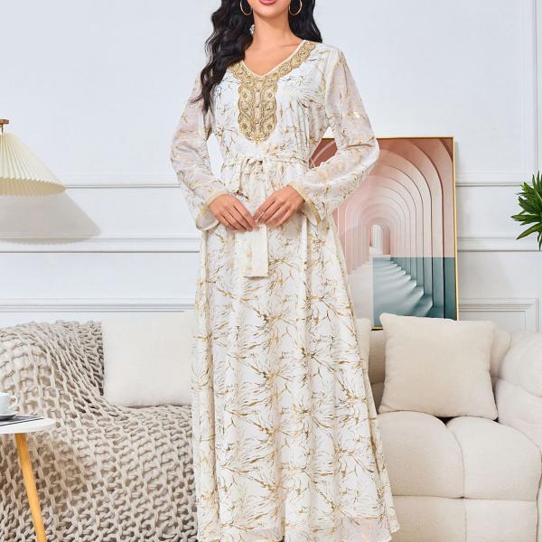 Long Gold-Tinted Chiffon Dress with Belt