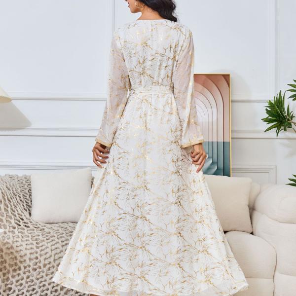 Long Gold-Tinted Chiffon Dress with Belt