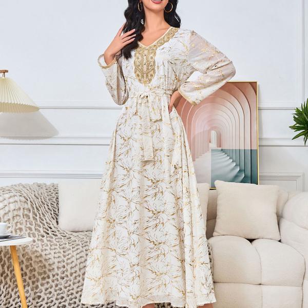 Long Gold-Tinted Chiffon Dress with Belt