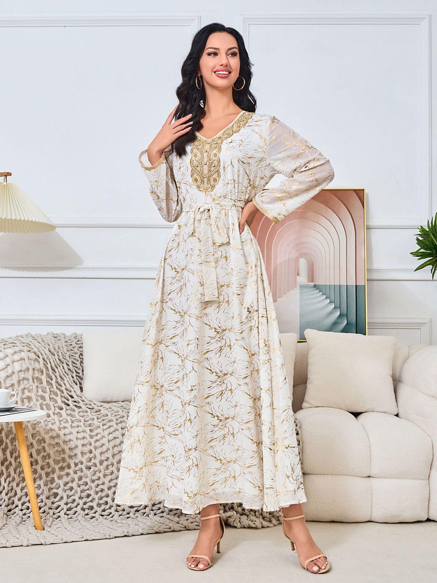 Long Gold-Tinted Chiffon Dress with Belt