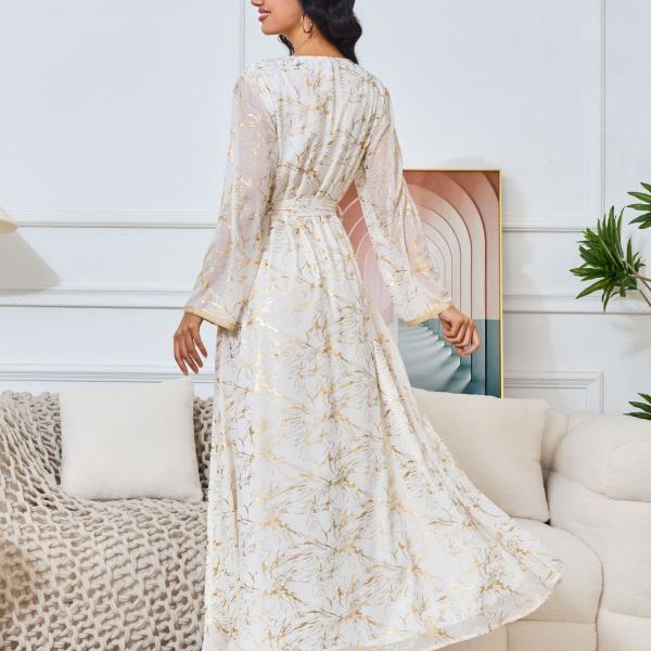Long Gold-Tinted Chiffon Dress with Belt